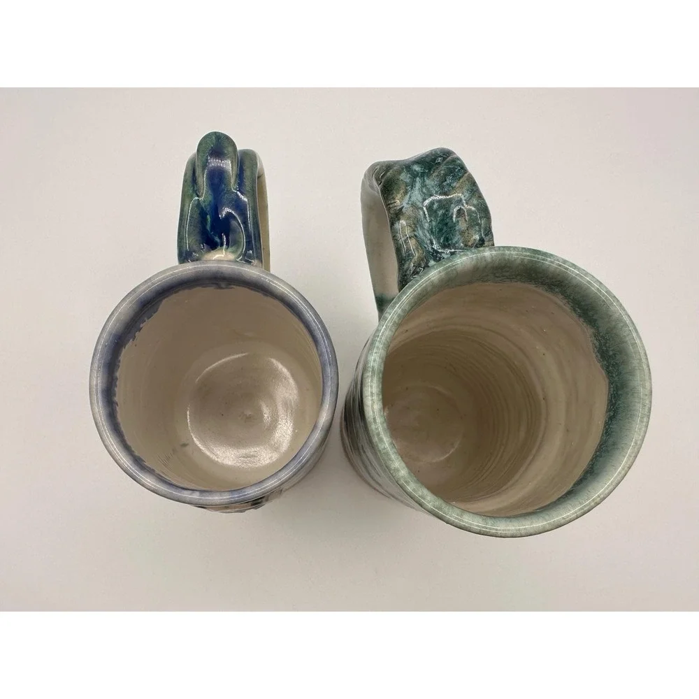 Hand-Crafted Pottery Mugs - Artisan Stoneware, Blue-Green Glaze, Ceramic Cups